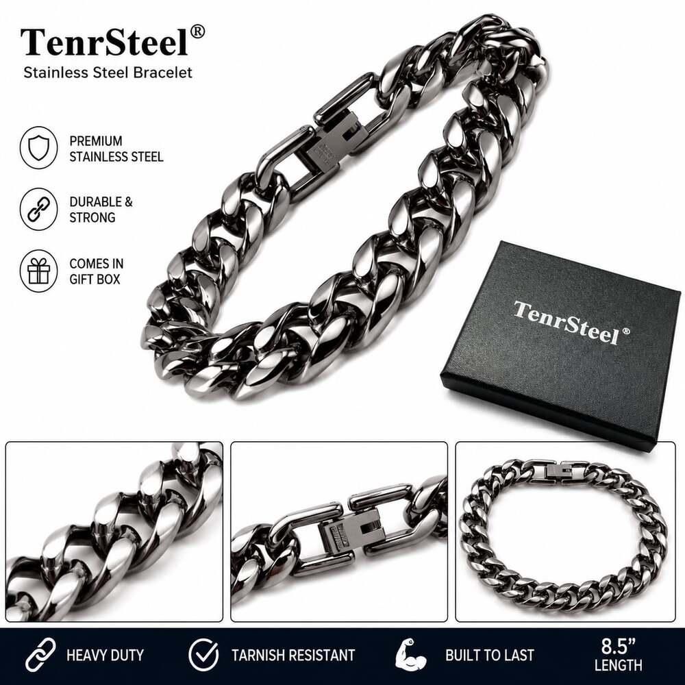 NEW TenrSteel Heavy Duty Stainless Steel Cuban Link Bracelet 8.5 in